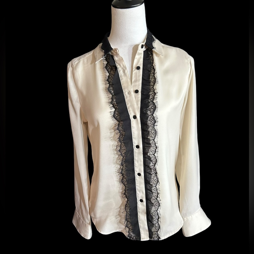 Lovely Cream Guess blouse with black lace trim.